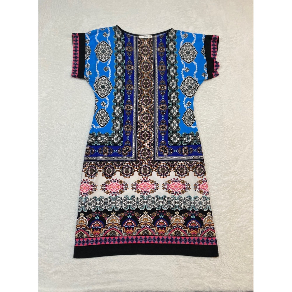 Studio One New York Womens S Blue Pink Scarf Print Boho Shift Dress Cap Sleeve